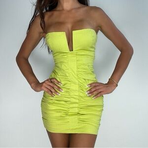 Seven Wonders Lime Green ruched plunge Strapless Mini Dress XS